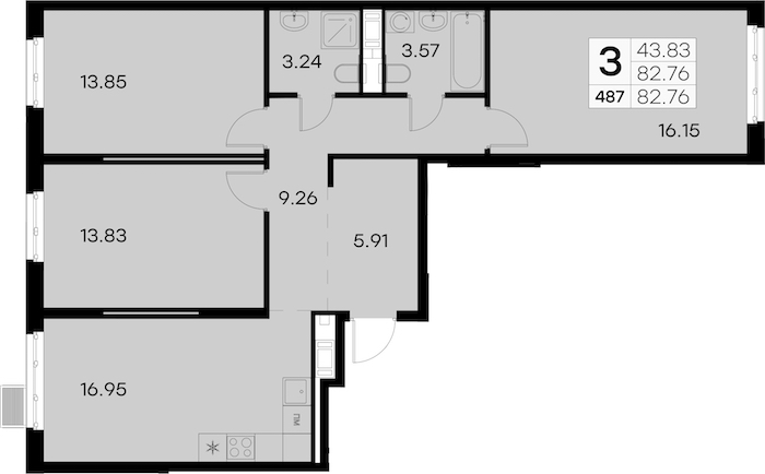 3-комнатная квартира 82.76 м², 4/8 эт., ЖК «Glorax City Балтийская»